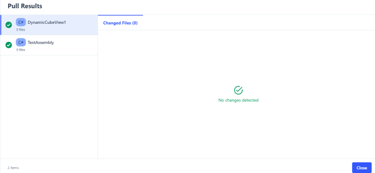 The Pull Results window displays two successful pulls and the Changed Files tab displays a green checkmark and No Changes Detected